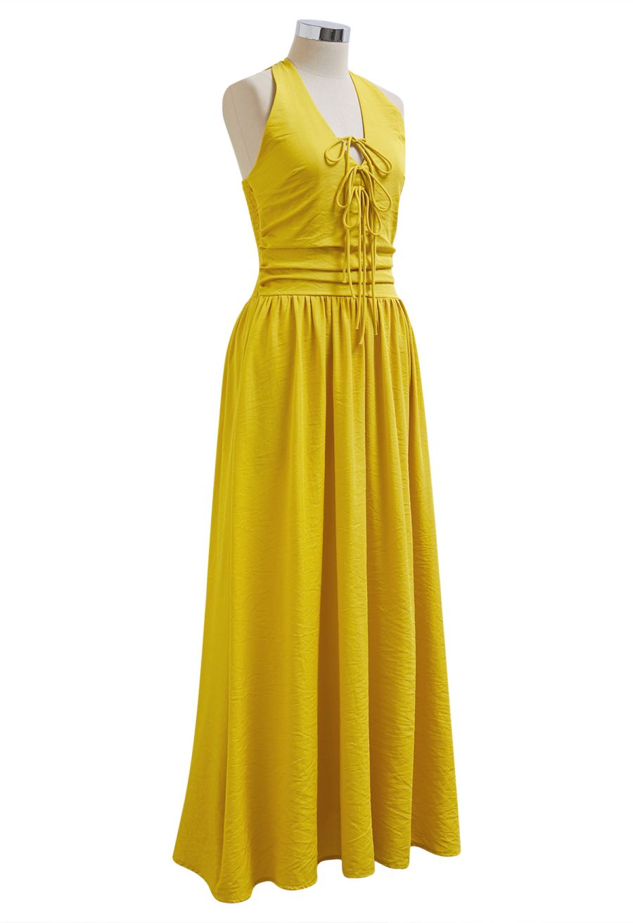 Bow-Tie Shirred Back Maxi Halter Dress in Mustard
