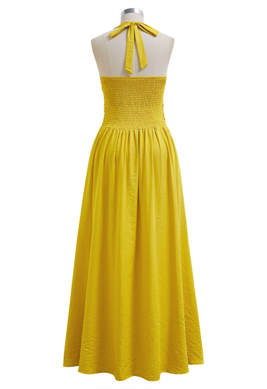 Bow-Tie Shirred Back Maxi Halter Dress in Mustard