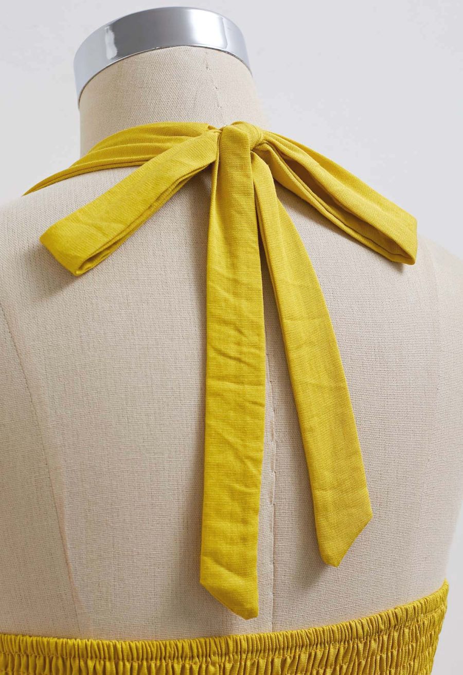 Bow-Tie Shirred Back Maxi Halter Dress in Mustard