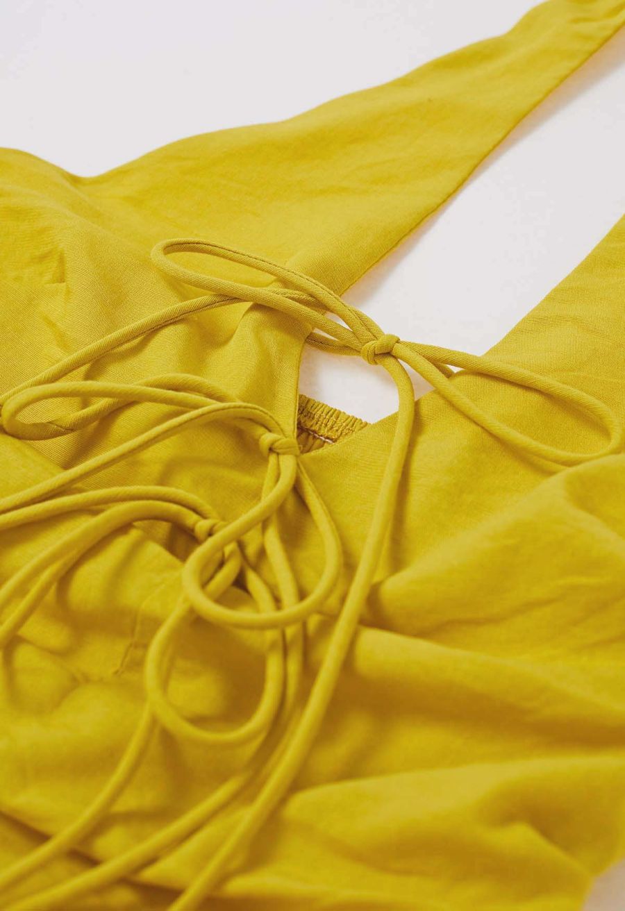 Bow-Tie Shirred Back Maxi Halter Dress in Mustard