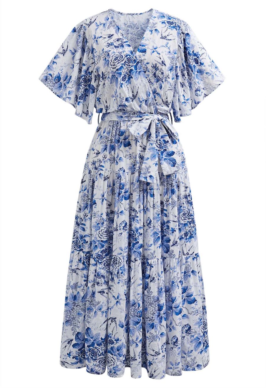 Swallow and Peony Printed Flutter Sleeve Faux-Wrap Dress