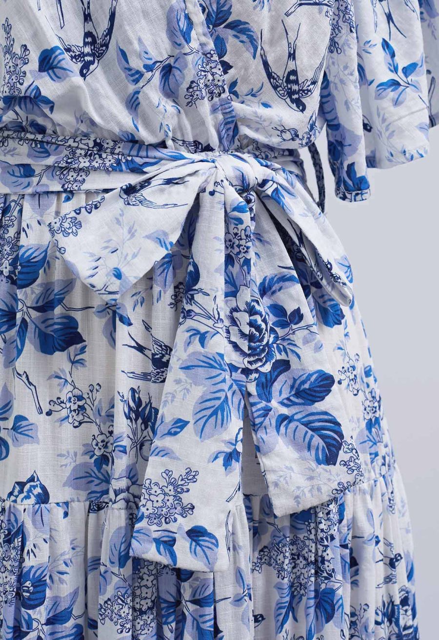 Swallow and Peony Printed Flutter Sleeve Faux-Wrap Dress