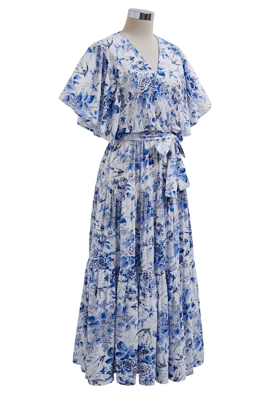 Swallow and Peony Printed Flutter Sleeve Faux-Wrap Dress