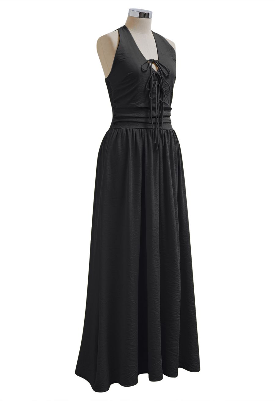 Bow-Tie Shirred Back Maxi Halter Dress in Black