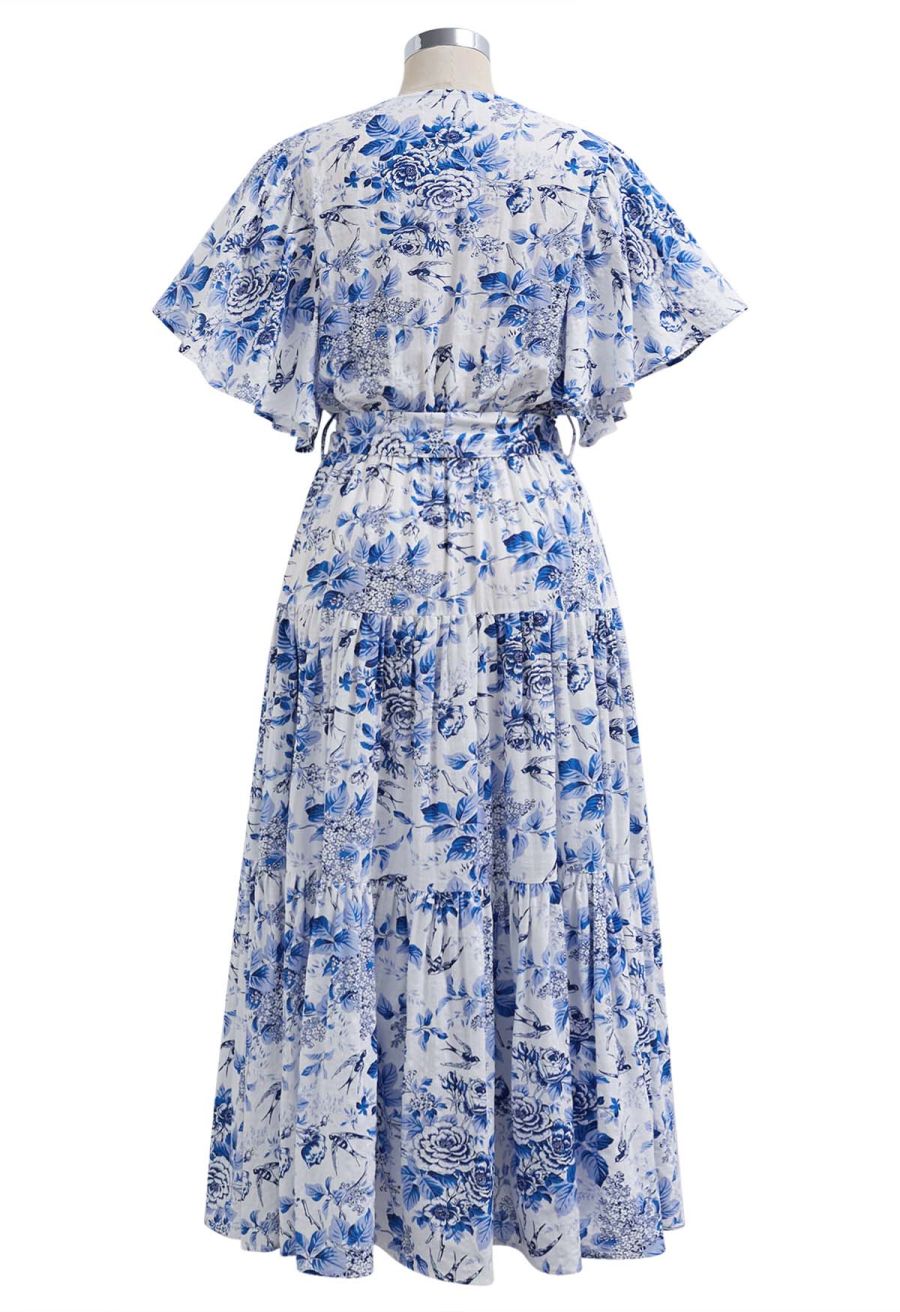 Swallow and Peony Printed Flutter Sleeve Faux-Wrap Dress