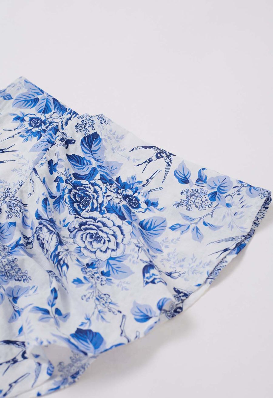 Swallow and Peony Printed Flutter Sleeve Faux-Wrap Dress
