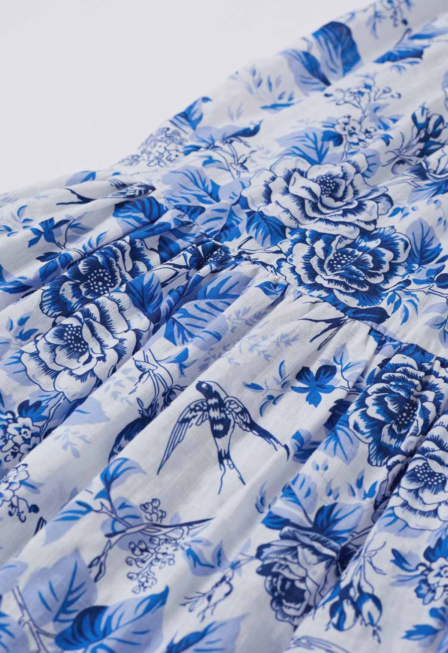 Swallow and Peony Printed Flutter Sleeve Faux-Wrap Dress