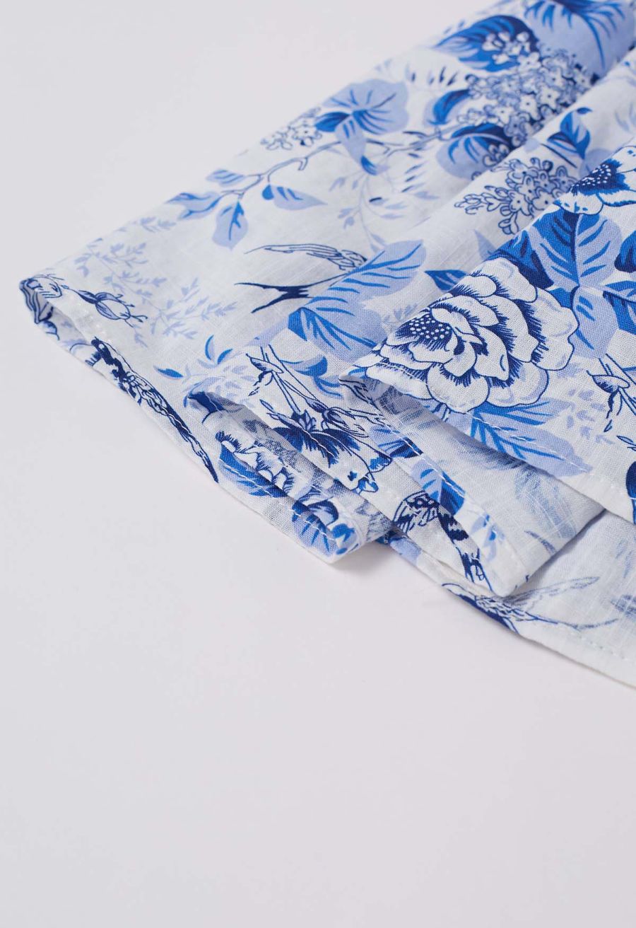 Swallow and Peony Printed Flutter Sleeve Faux-Wrap Dress