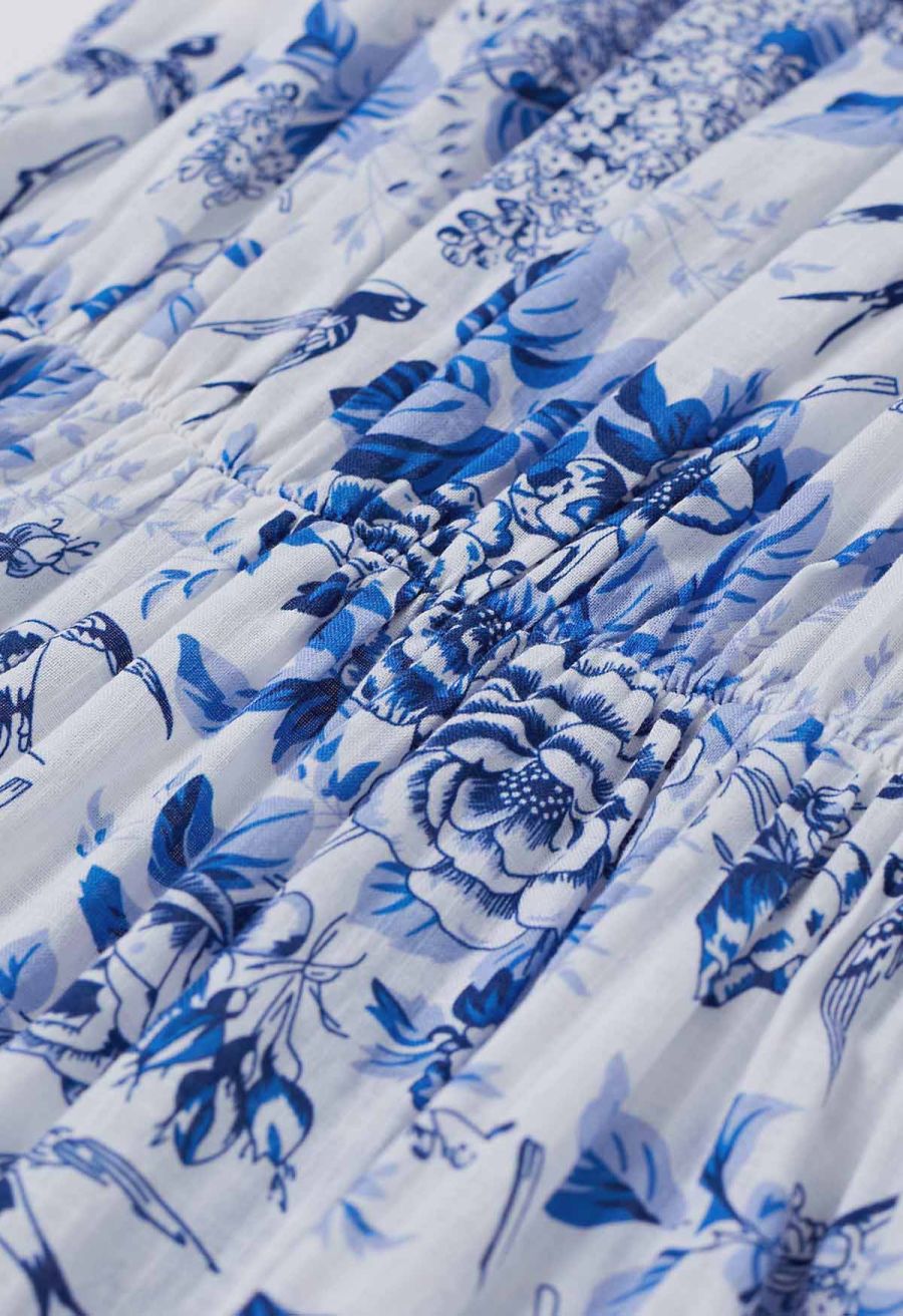 Swallow and Peony Printed Flutter Sleeve Faux-Wrap Dress