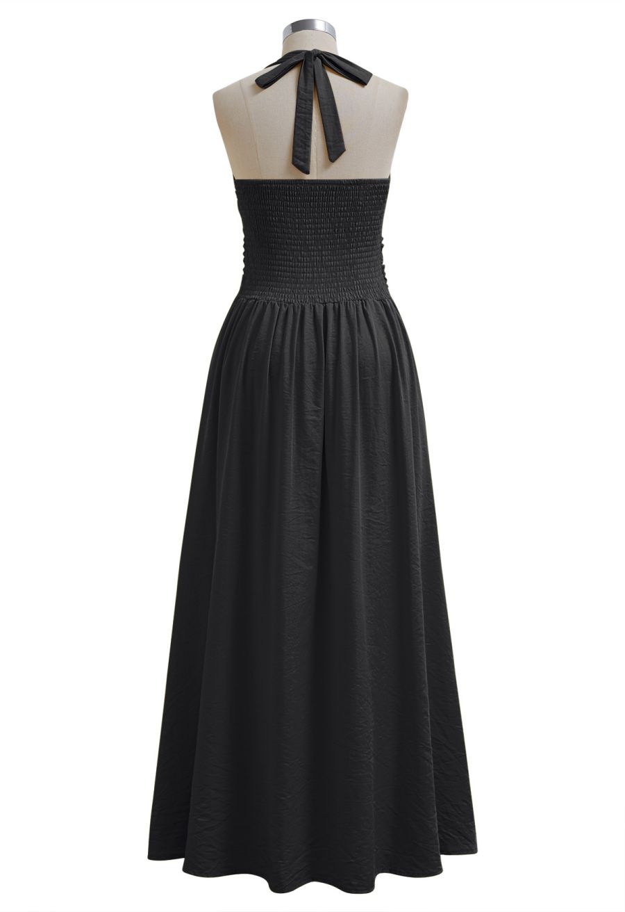 Bow-Tie Shirred Back Maxi Halter Dress in Black