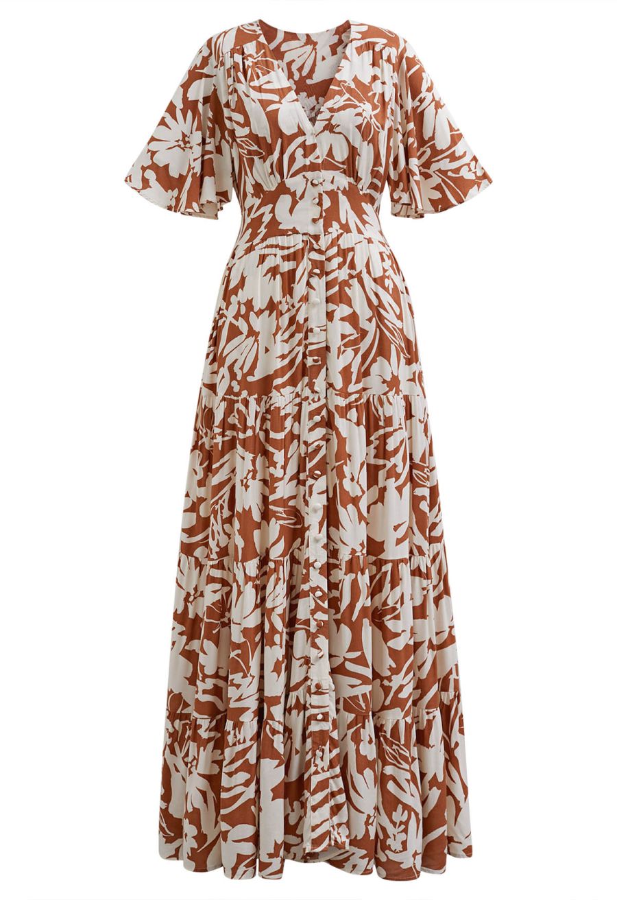 Floral Shadow Deep V-Neck Button Down Maxi Dress