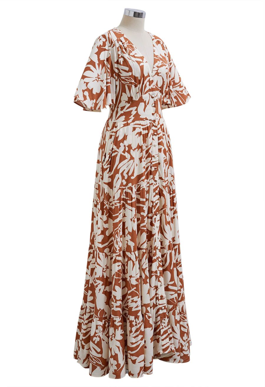 Floral Shadow Deep V-Neck Button Down Maxi Dress
