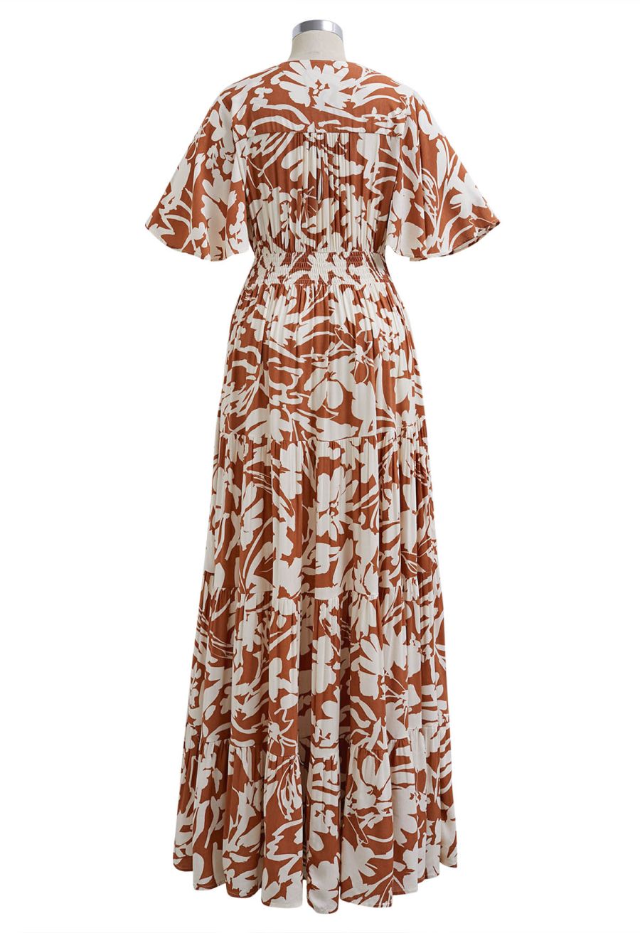 Floral Shadow Deep V-Neck Button Down Maxi Dress