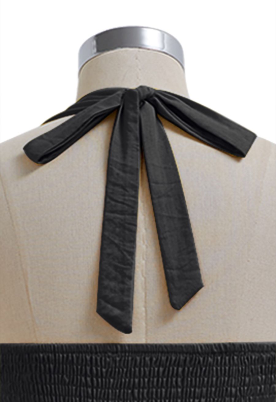 Bow-Tie Shirred Back Maxi Halter Dress in Black