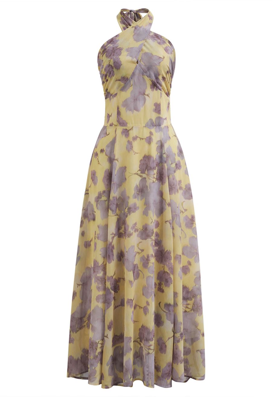 Crisscross Self-Tie Halter Neck Maxi Dress in Lilac Floral