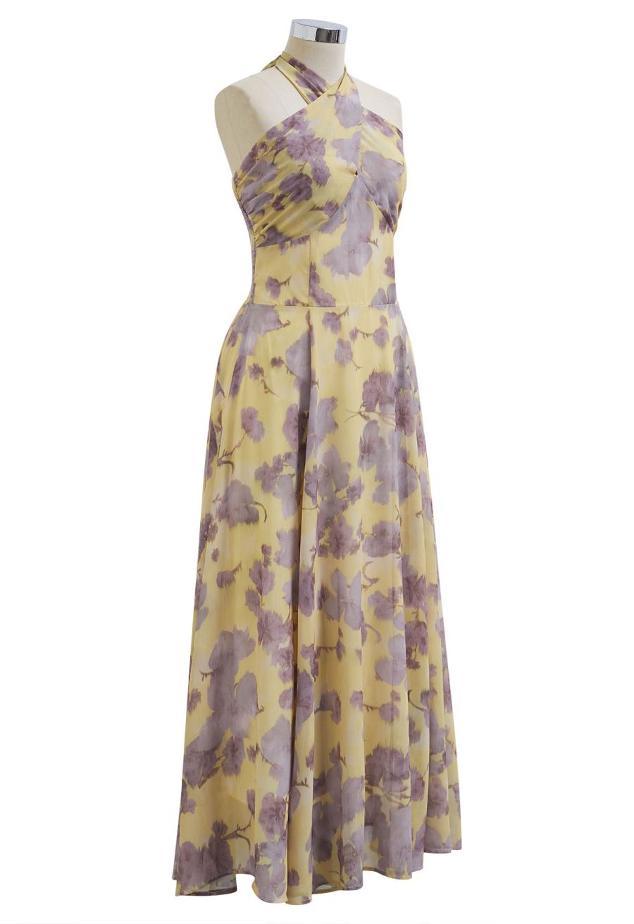Crisscross Self-Tie Halter Neck Maxi Dress in Lilac Floral