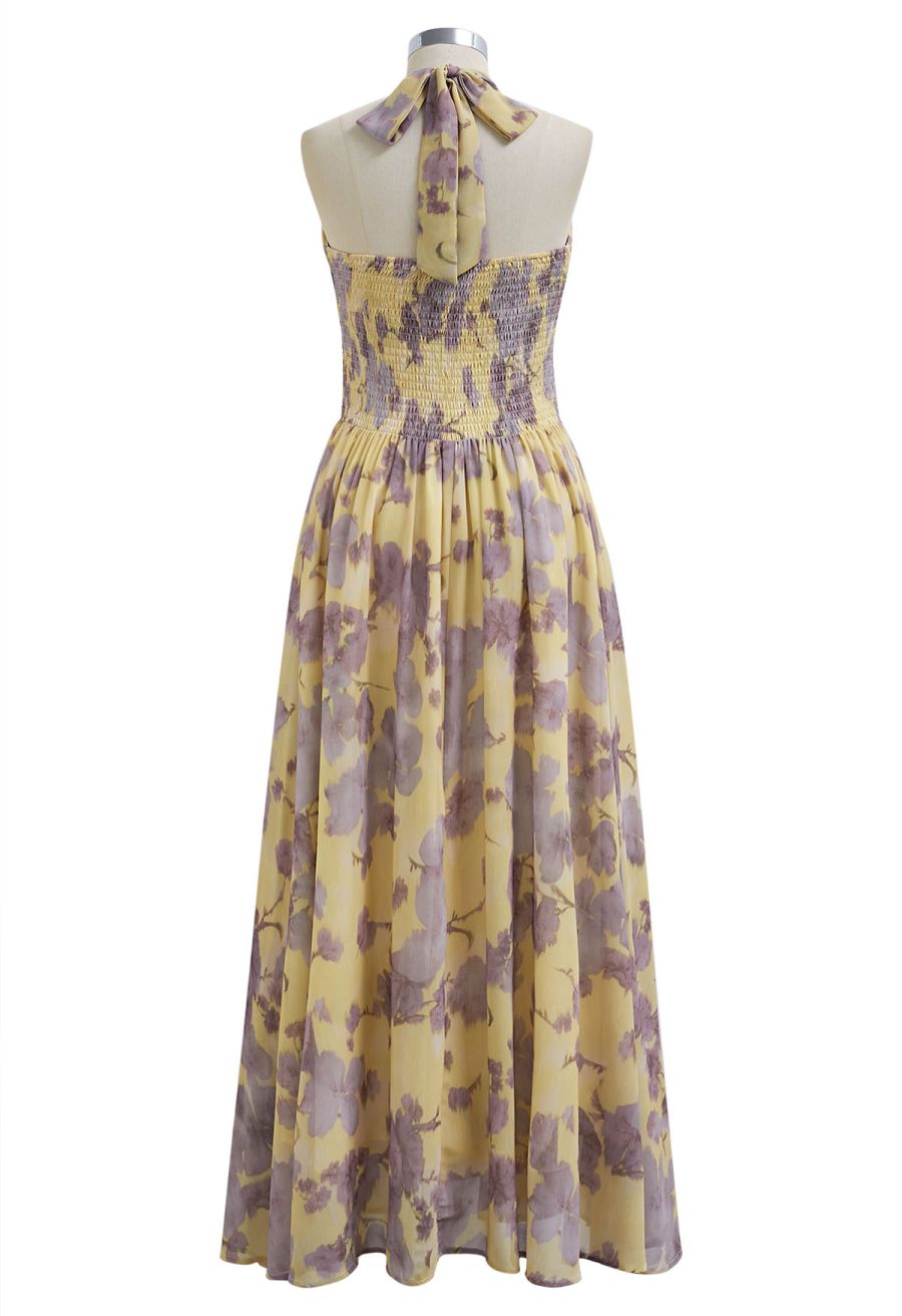 Crisscross Self-Tie Halter Neck Maxi Dress in Lilac Floral