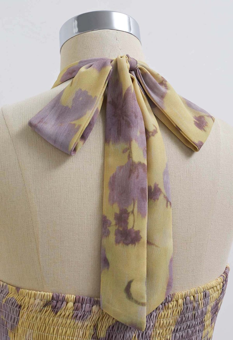 Crisscross Self-Tie Halter Neck Maxi Dress in Lilac Floral