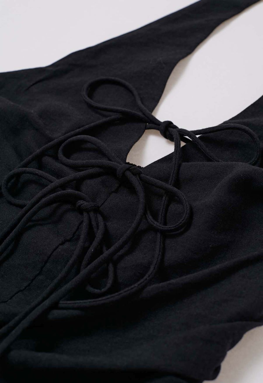 Bow-Tie Shirred Back Maxi Halter Dress in Black