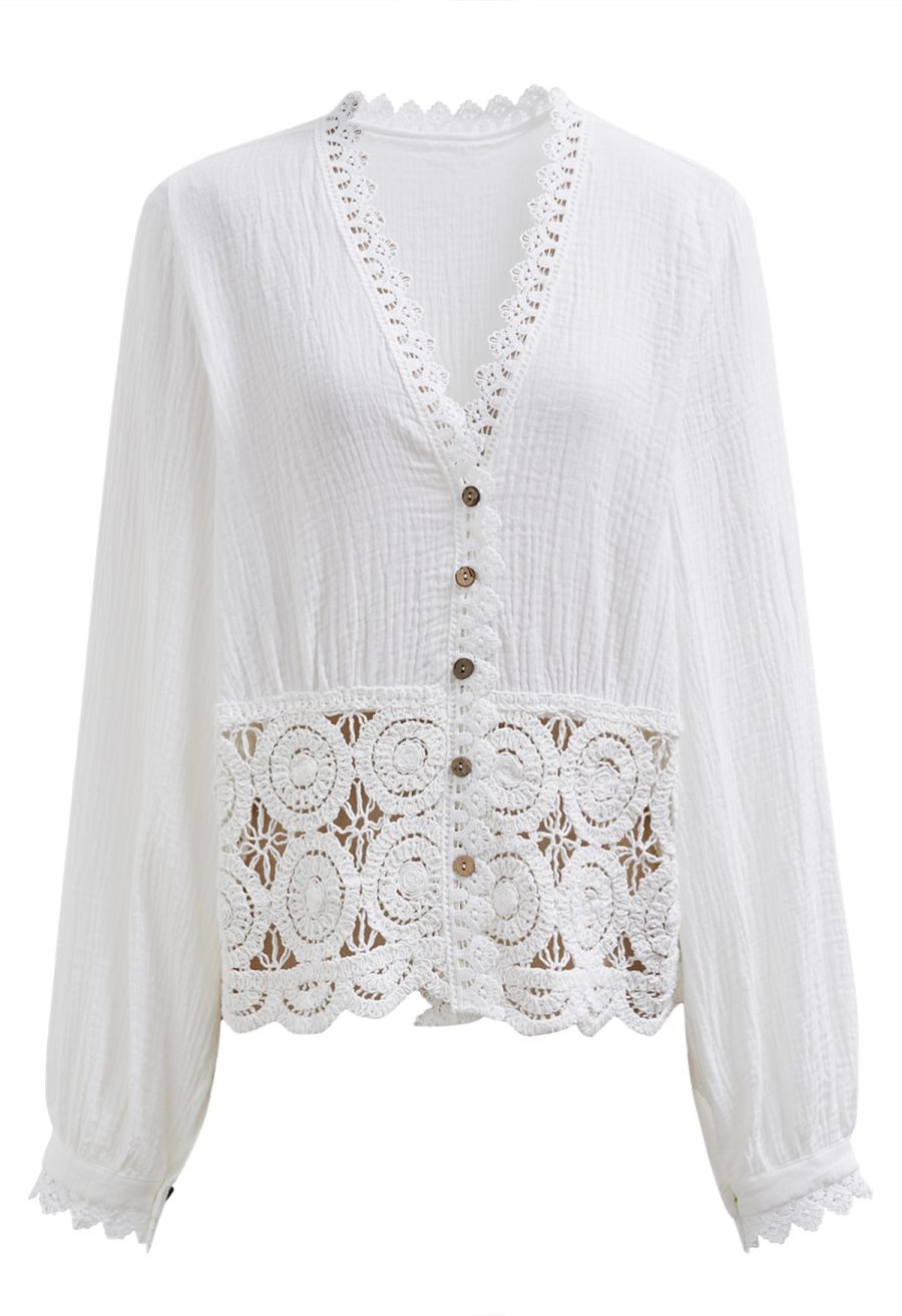V-Neck Floral Cutwork Lace Trimmed Cotton Top