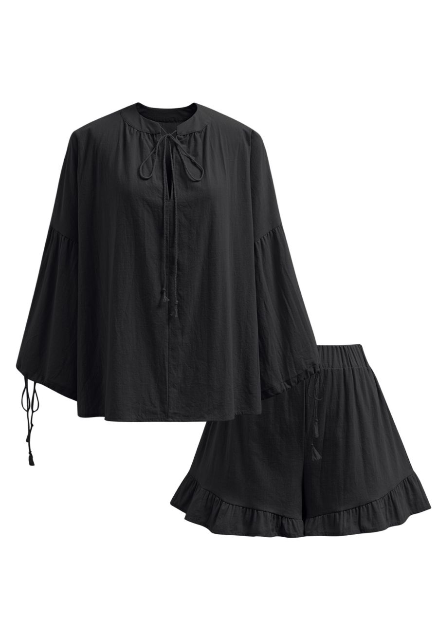 Lantern Sleeve Drawstring Shirt and Shorts Set in Black