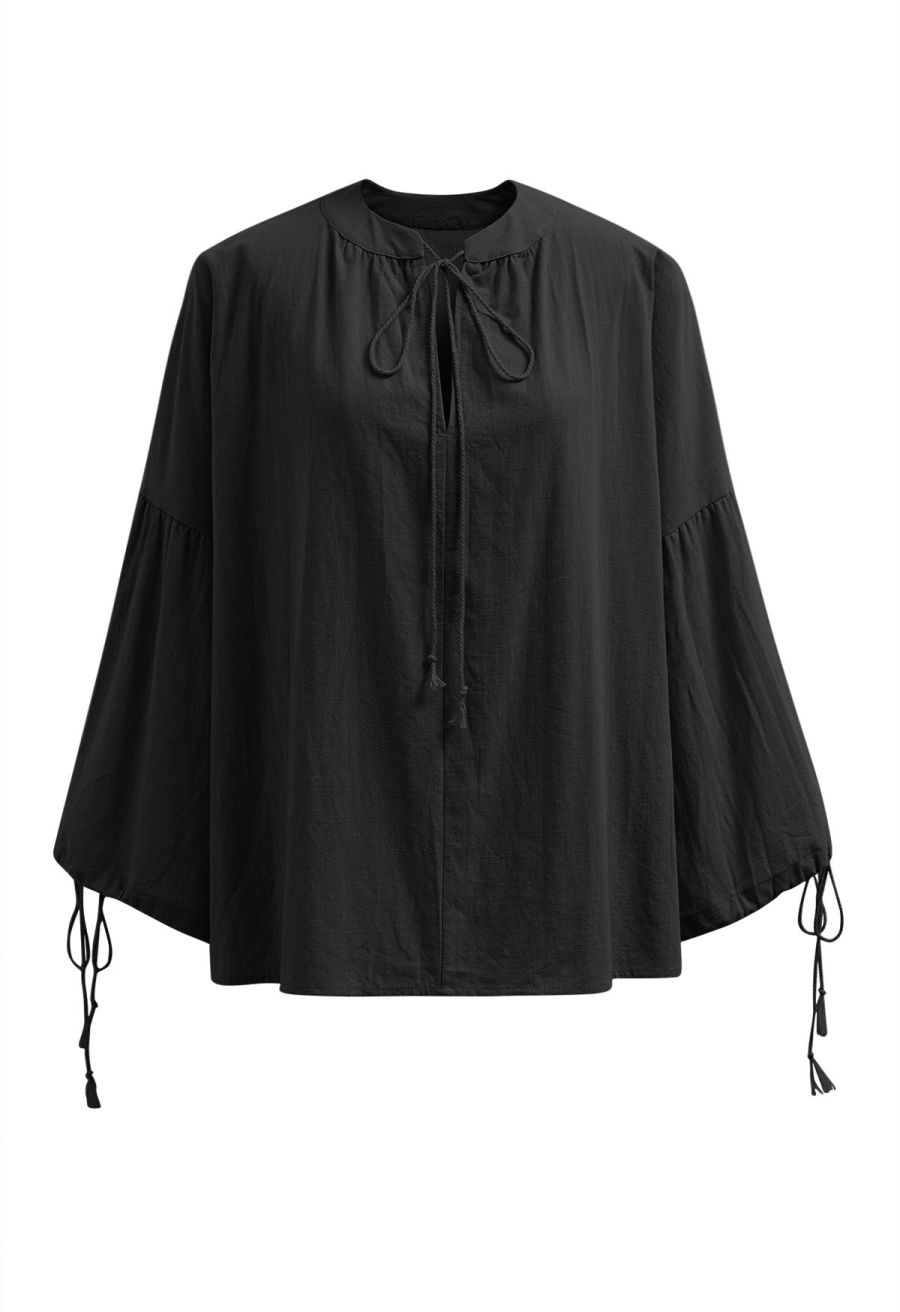 Lantern Sleeve Drawstring Shirt and Shorts Set in Black