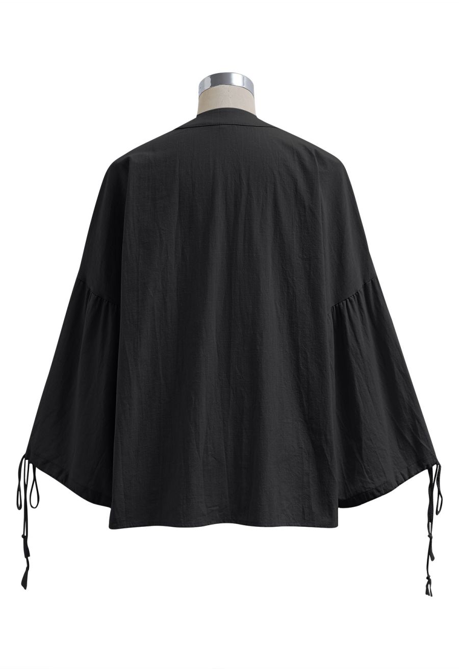 Lantern Sleeve Drawstring Shirt and Shorts Set in Black