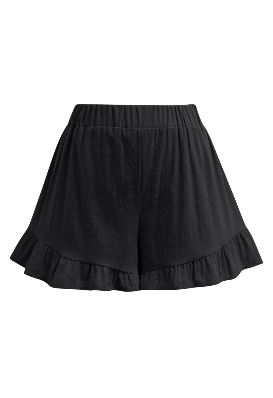 Lantern Sleeve Drawstring Shirt and Shorts Set in Black