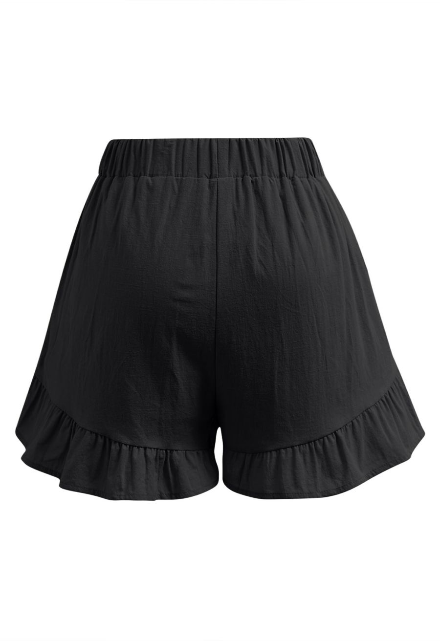 Lantern Sleeve Drawstring Shirt and Shorts Set in Black