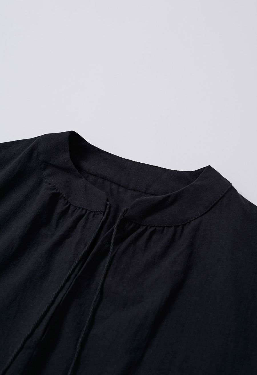 Lantern Sleeve Drawstring Shirt and Shorts Set in Black