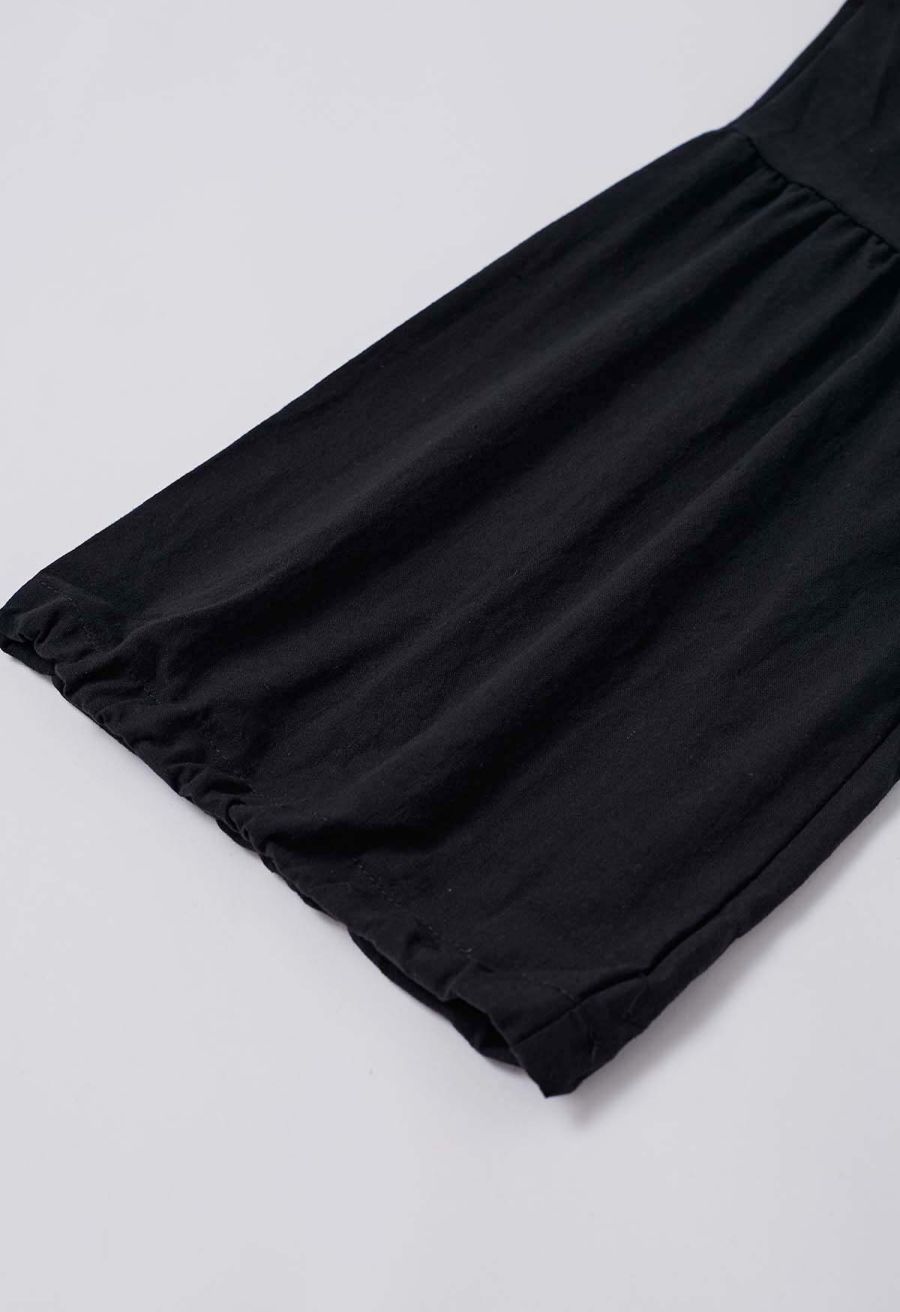 Lantern Sleeve Drawstring Shirt and Shorts Set in Black