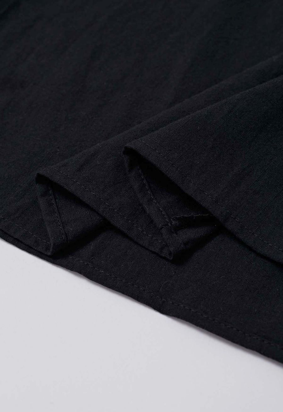 Lantern Sleeve Drawstring Shirt and Shorts Set in Black