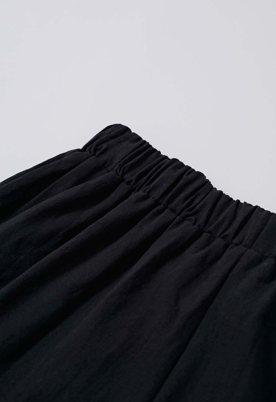 Lantern Sleeve Drawstring Shirt and Shorts Set in Black