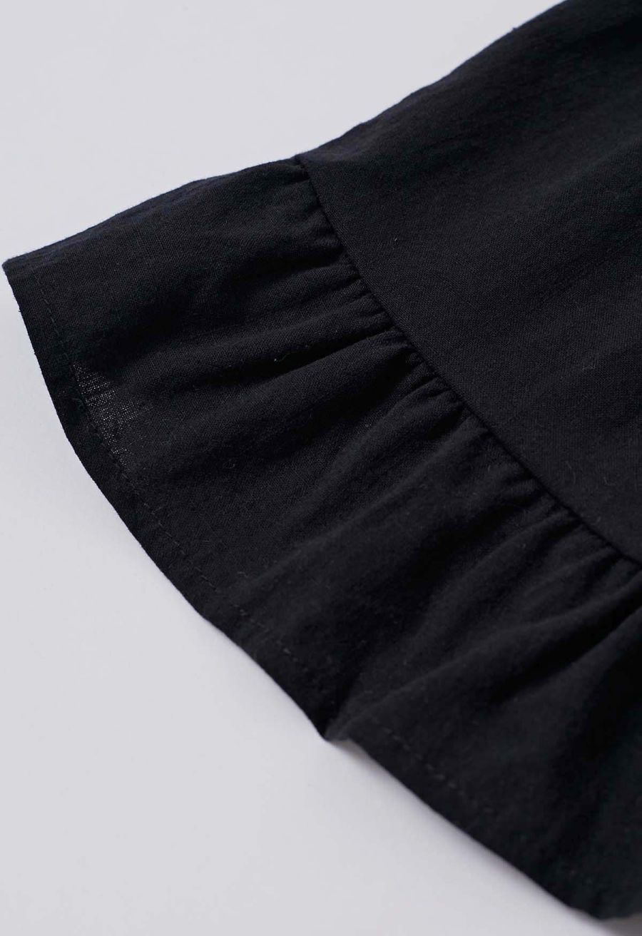 Lantern Sleeve Drawstring Shirt and Shorts Set in Black