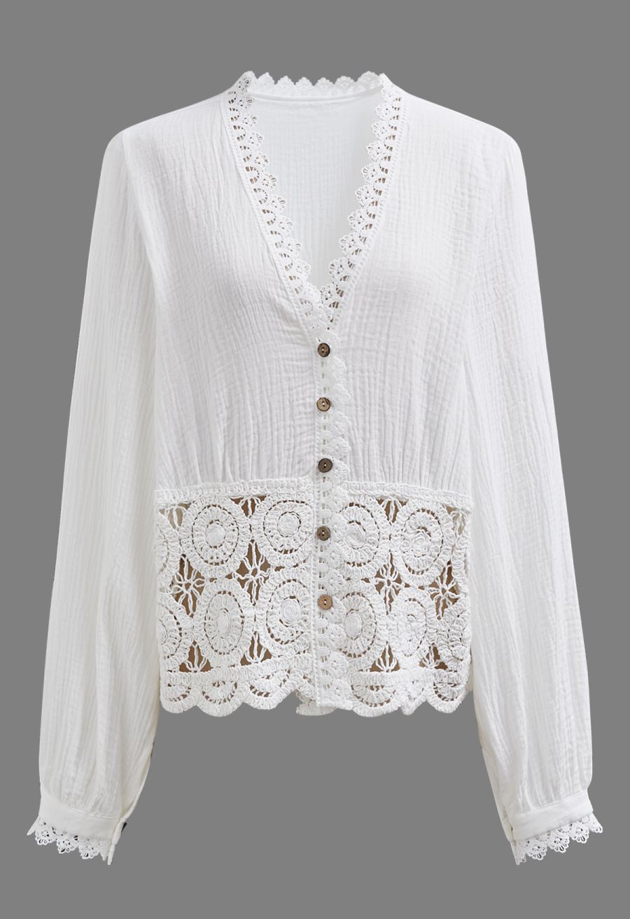 V-Neck Floral Cutwork Lace Trimmed Cotton Top