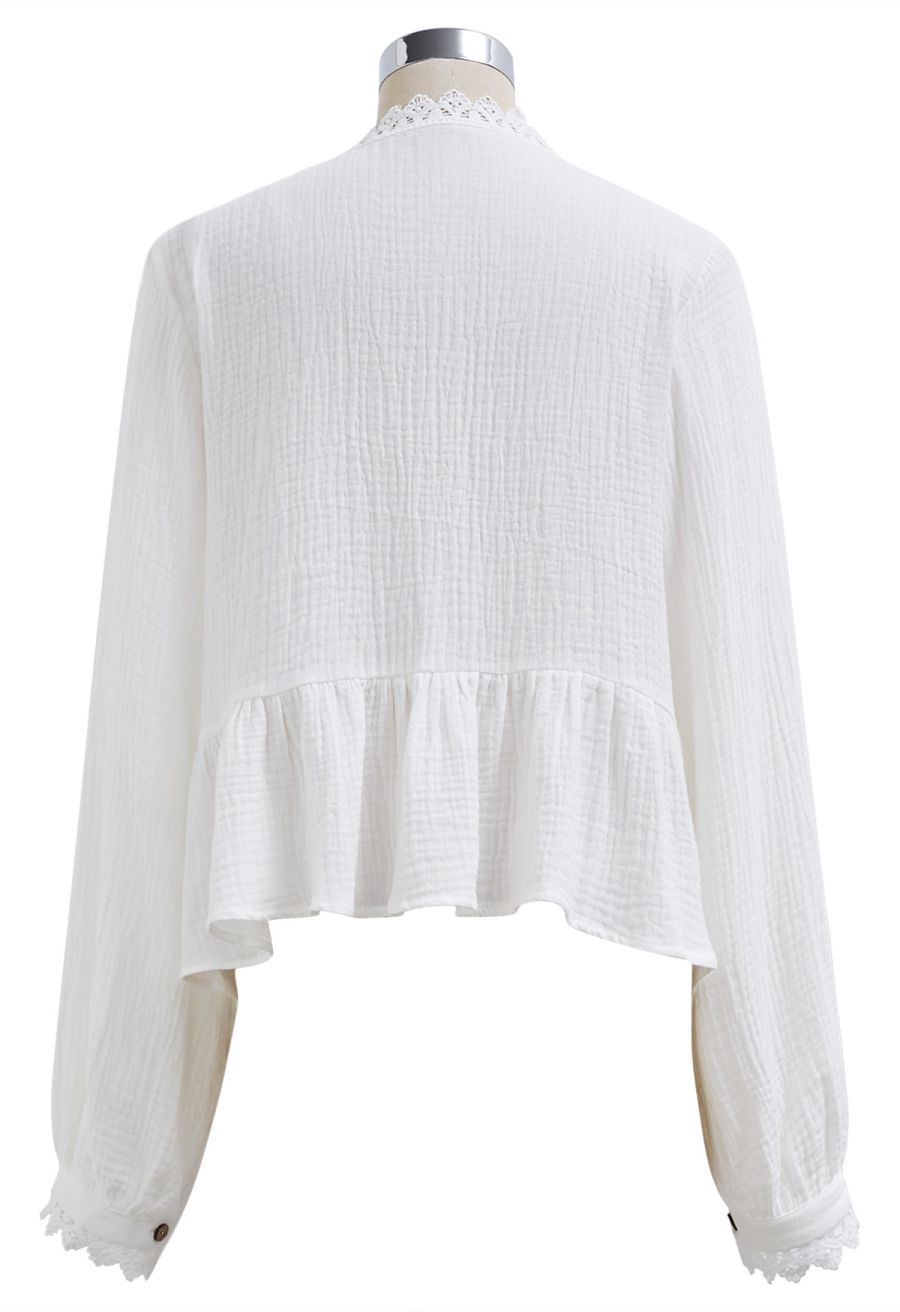V-Neck Floral Cutwork Lace Trimmed Cotton Top