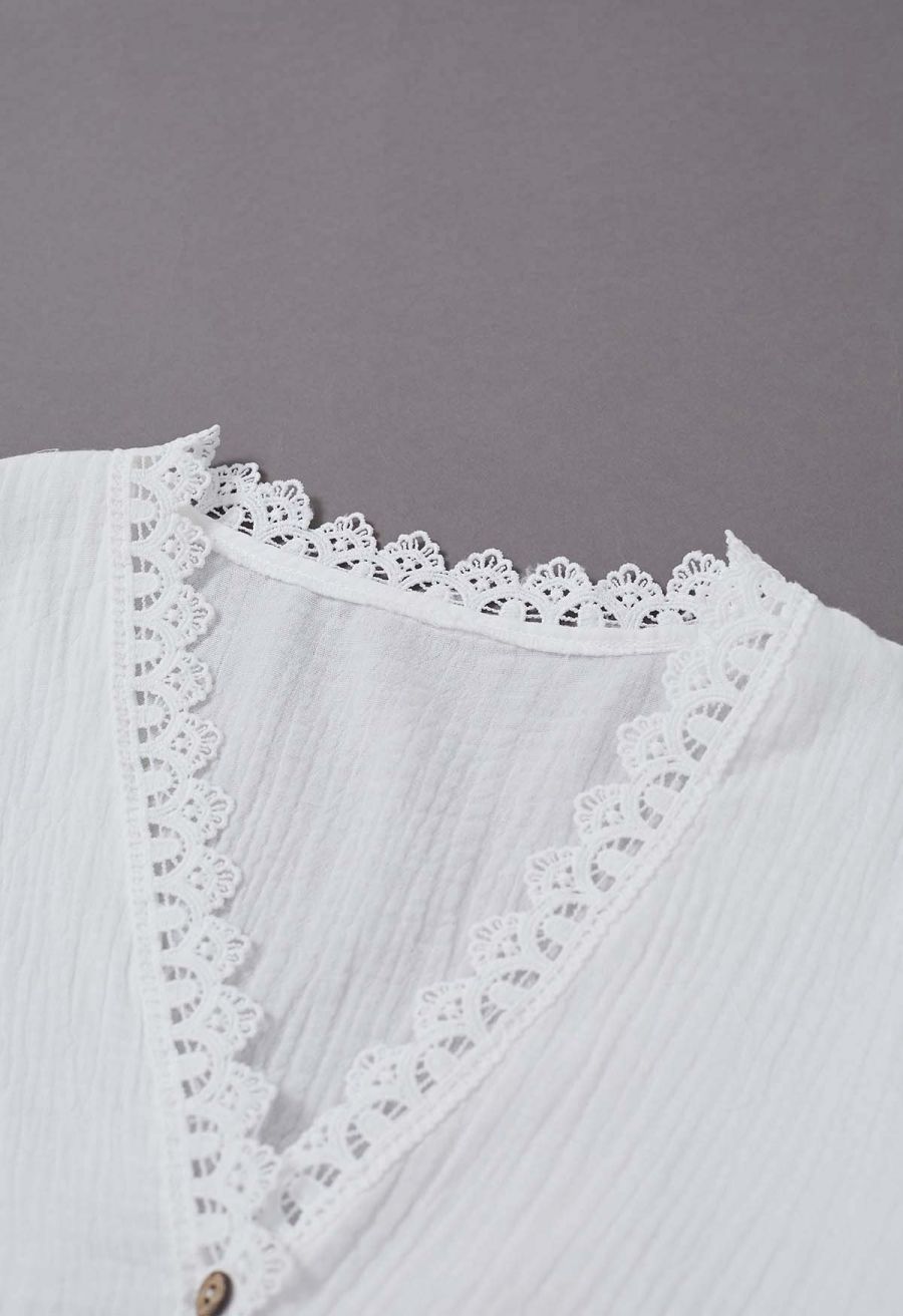 V-Neck Floral Cutwork Lace Trimmed Cotton Top