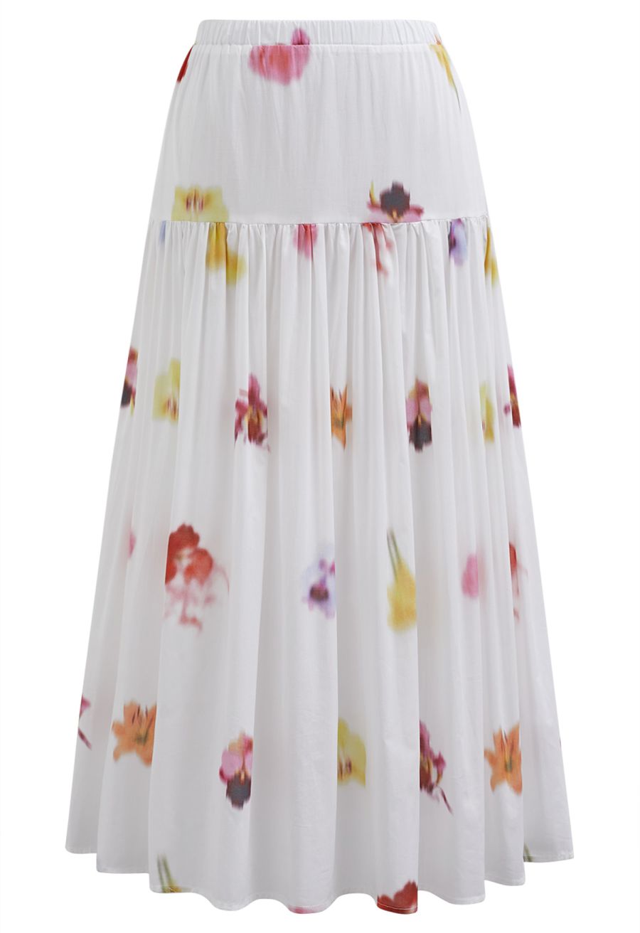 Watercolor Flower Tiered Cotton Maxi Skirt