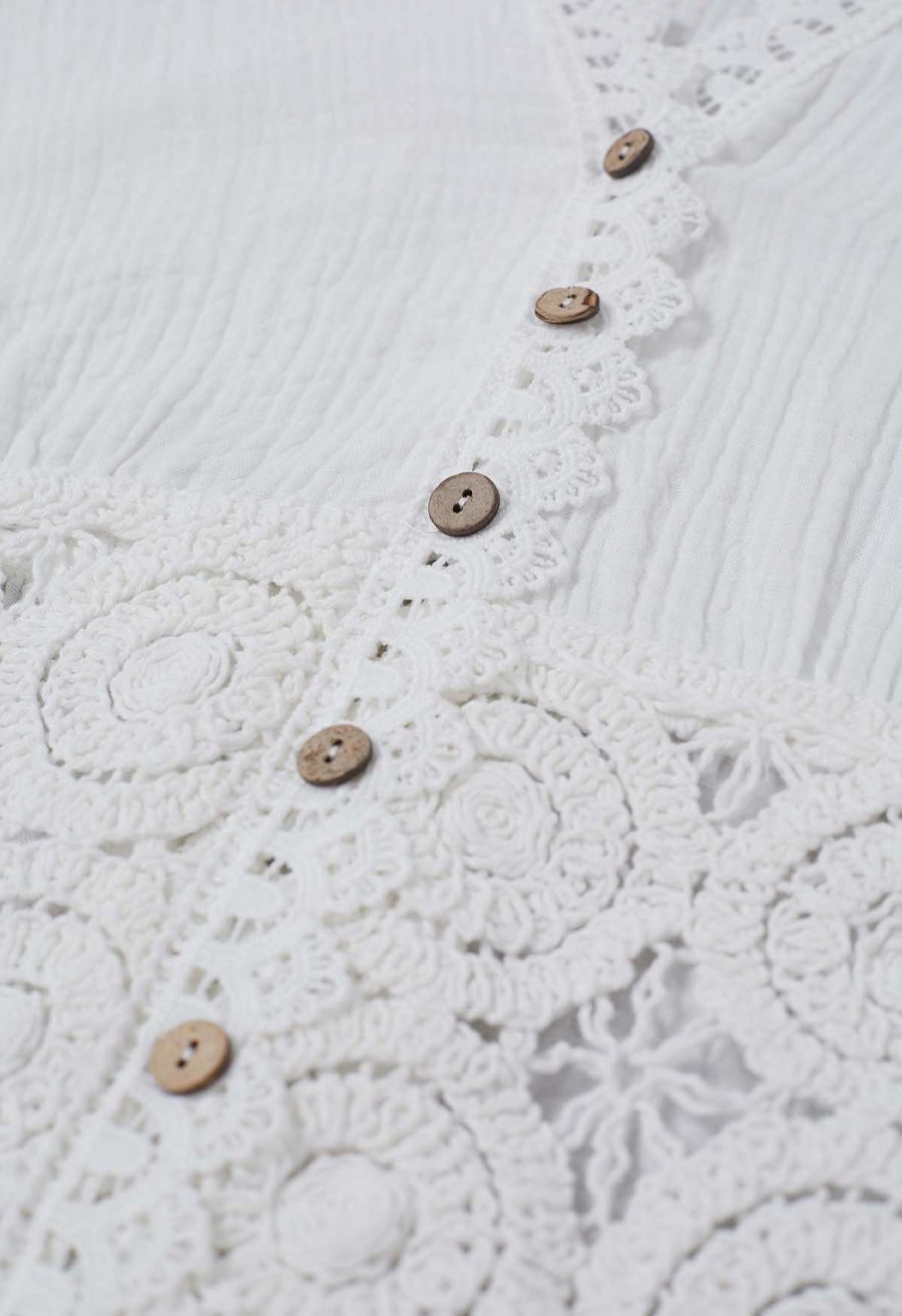 V-Neck Floral Cutwork Lace Trimmed Cotton Top