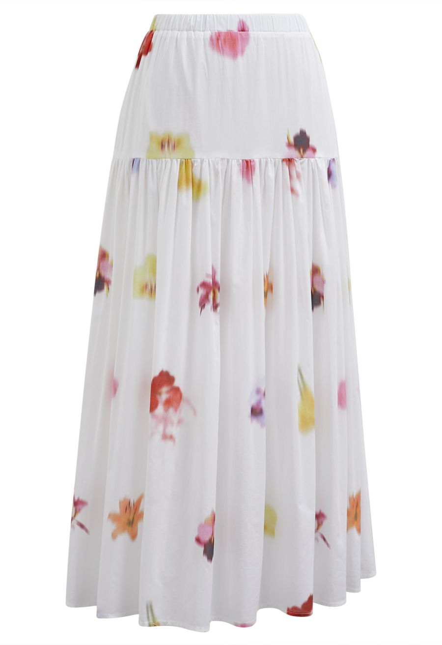 Watercolor Flower Tiered Cotton Maxi Skirt