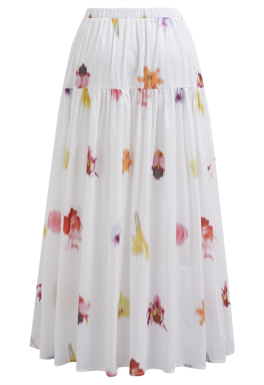 Watercolor Flower Tiered Cotton Maxi Skirt