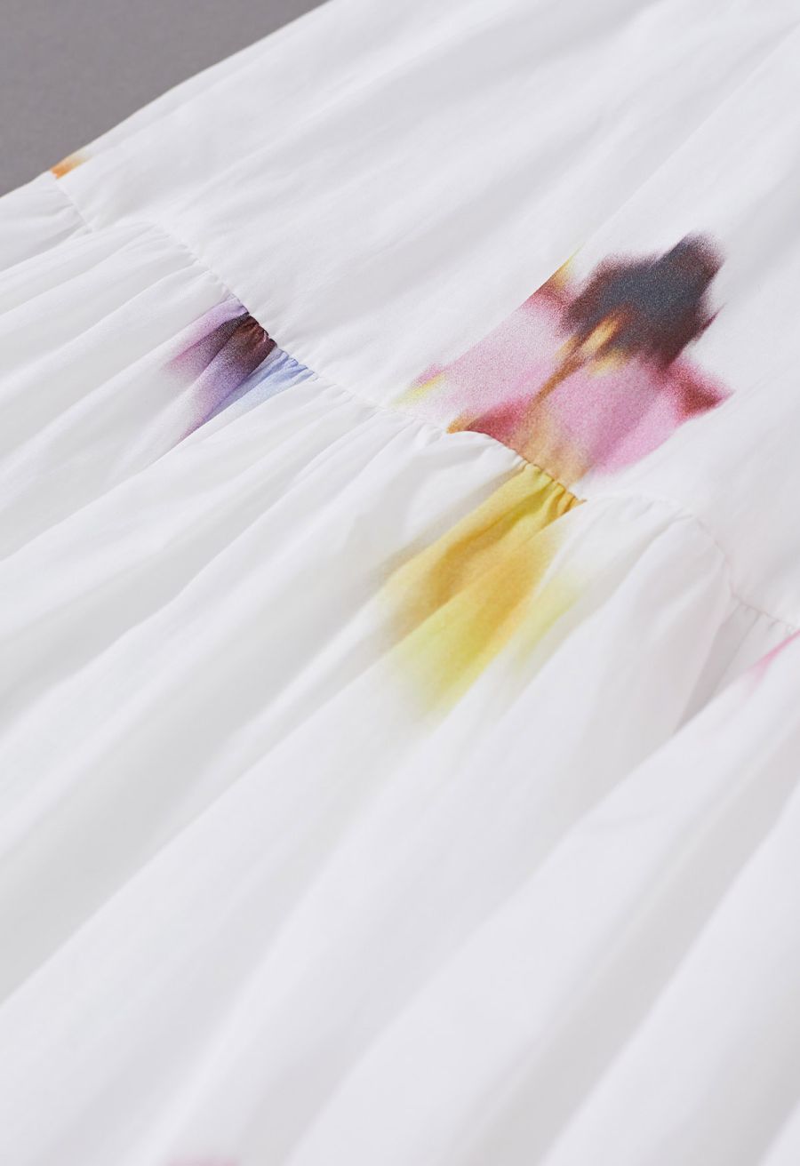 Watercolor Flower Tiered Cotton Maxi Skirt