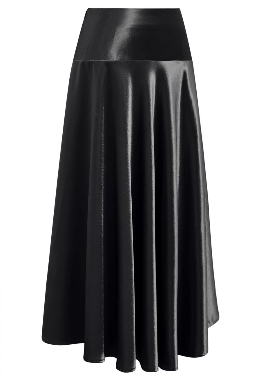 Sleek Satin High Waist A-Line Maxi Skirt in Black