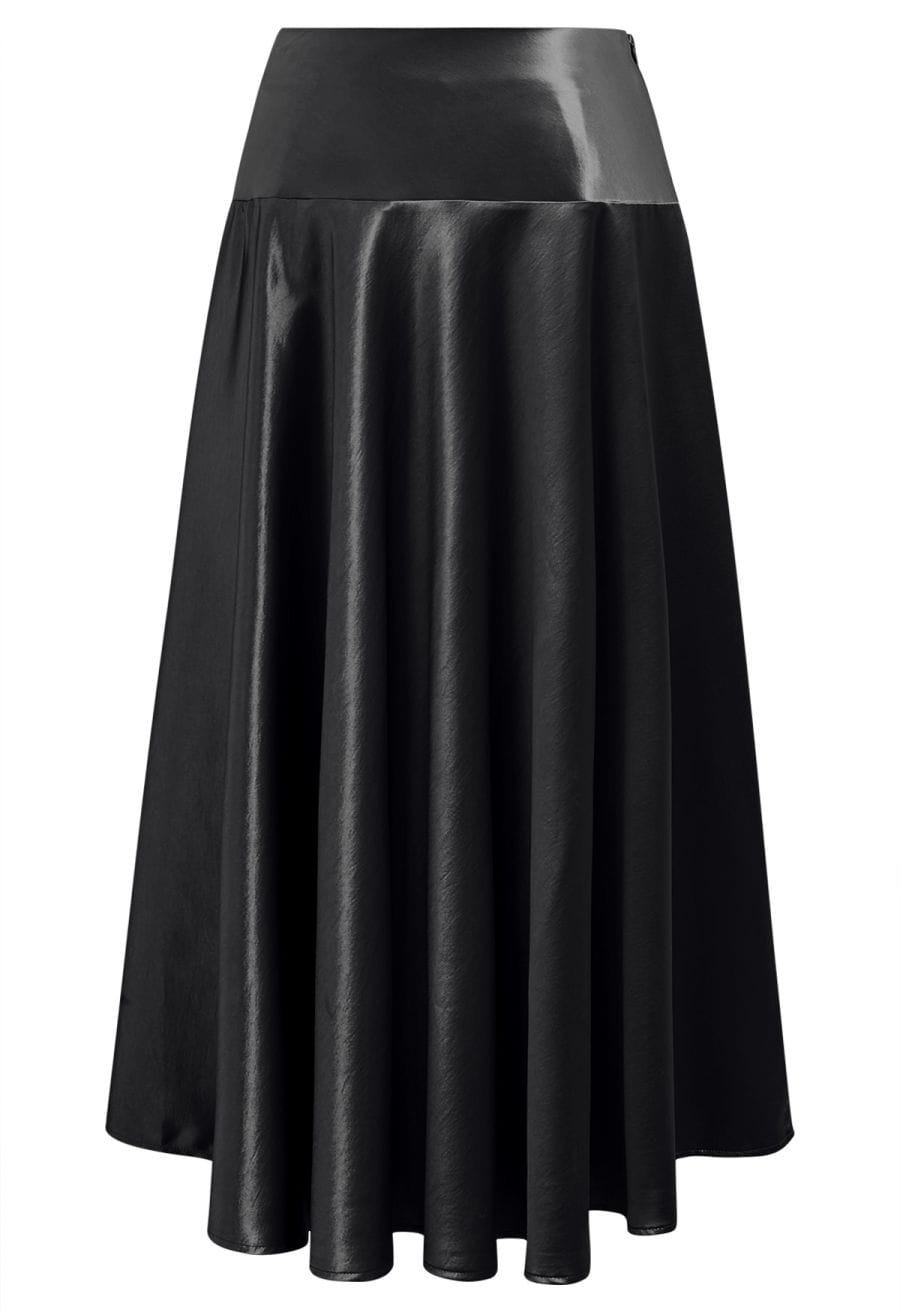 Sleek Satin High Waist A-Line Maxi Skirt in Black