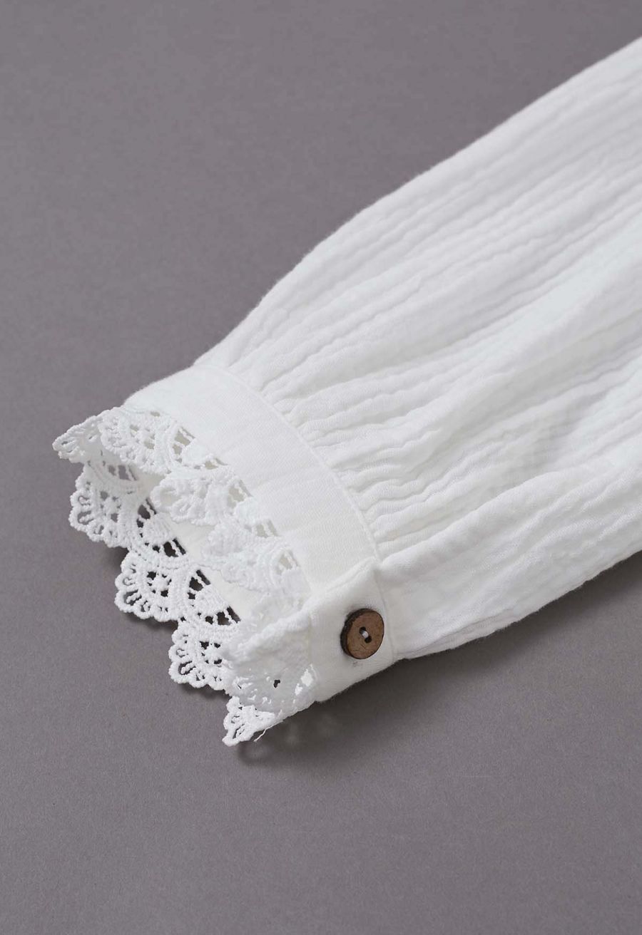 V-Neck Floral Cutwork Lace Trimmed Cotton Top