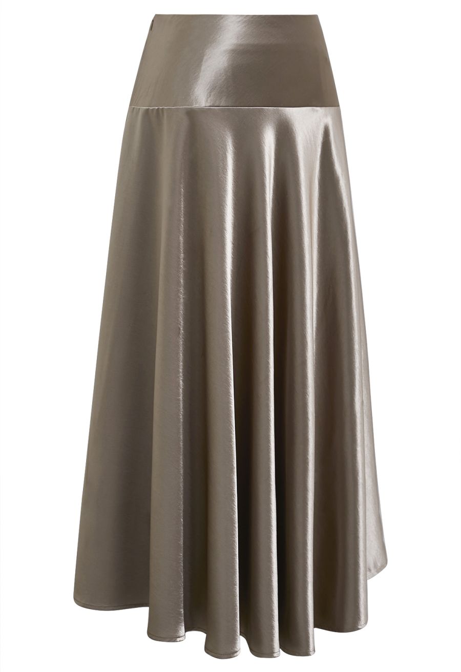 Sleek Satin High Waist A-Line Maxi Skirt in Taupe