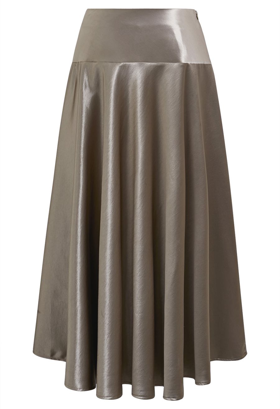 Sleek Satin High Waist A-Line Maxi Skirt in Taupe