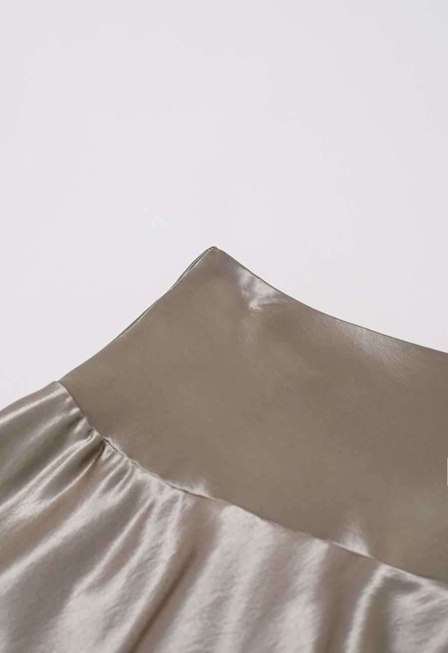 Sleek Satin High Waist A-Line Maxi Skirt in Taupe