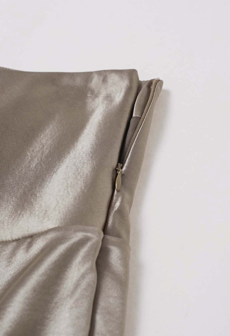 Sleek Satin High Waist A-Line Maxi Skirt in Taupe