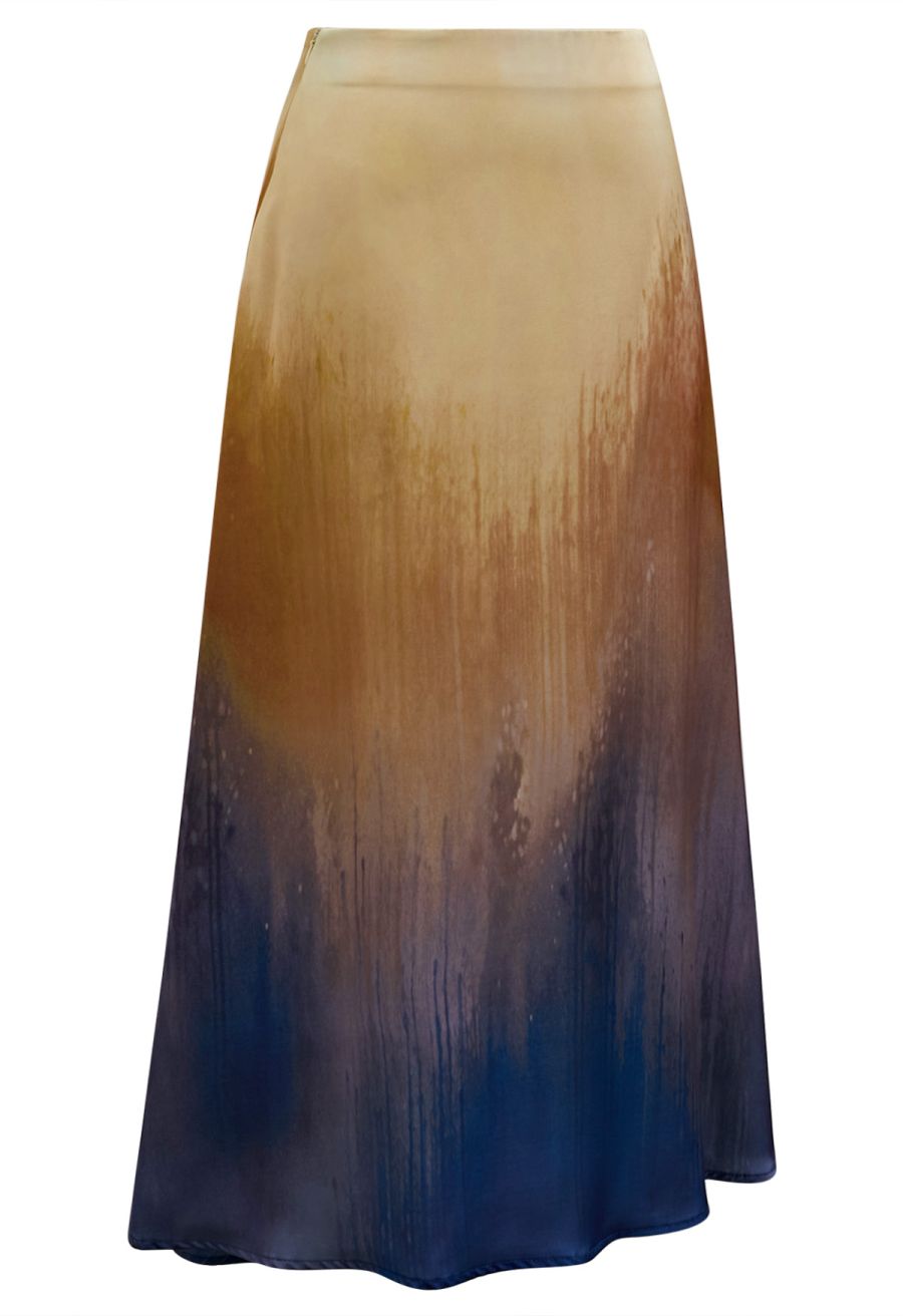 Ombre Dyeing Satin Flare Skirt